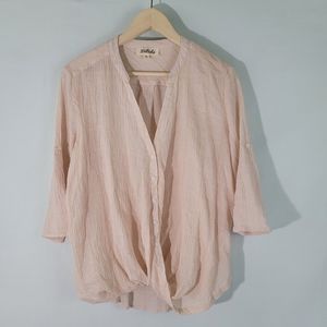 Listicle Women's Oatmeal 3/4 Sleeve Twisted Front Button Up Peasant Top Siz M